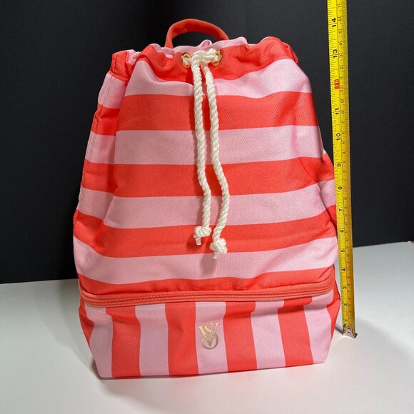 Victoria Secret Backpack Cooler Pocket Beach Bag Logo Drawstring Stripped Pink - Picture 2 of 14